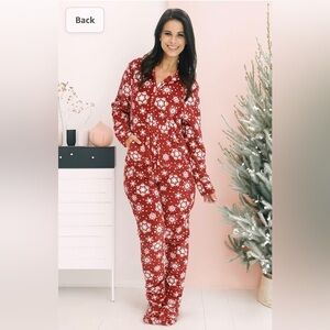 Women's Winter Snowflake One Piece Hooded Red Pajamas‎ Size S